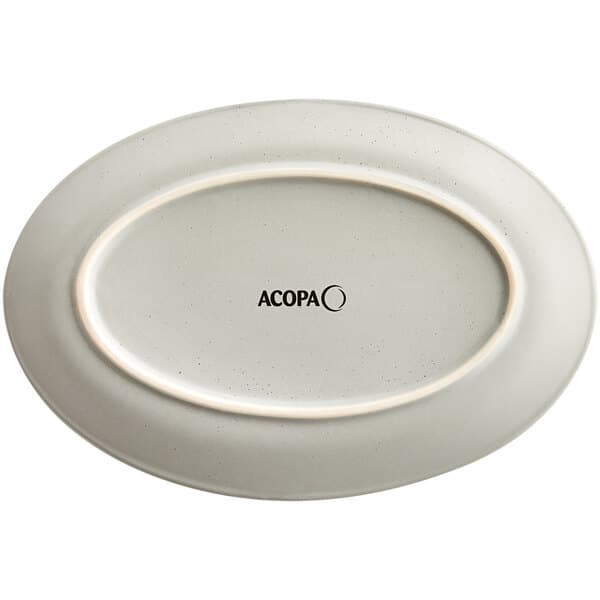 A grey matte oval stoneware platter with the word "Acopa" in black text.