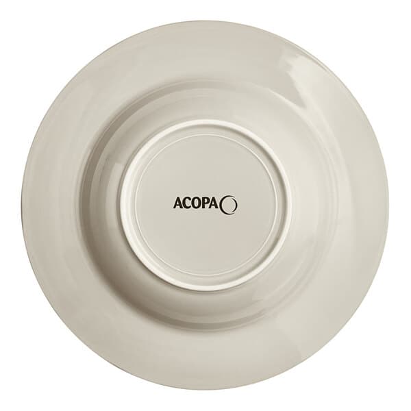 A white Acopa porcelain pasta bowl with scalloped edges and black text that reads "Condesa" on the rim.