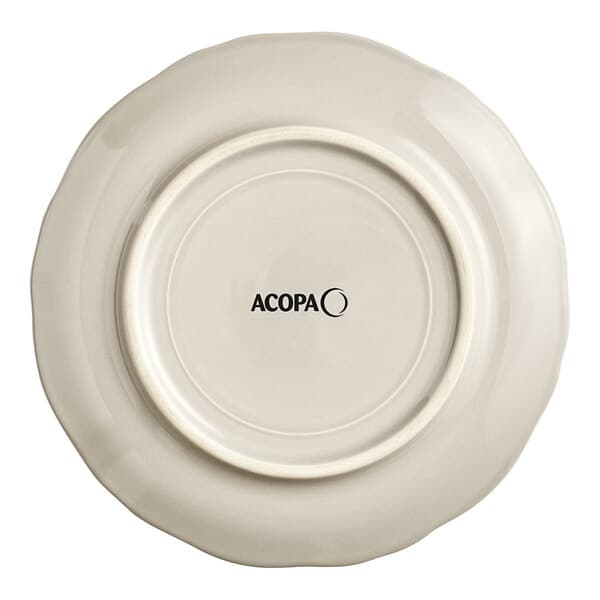 An Acopa Condesa warm gray porcelain plate with a scalloped wide rim.