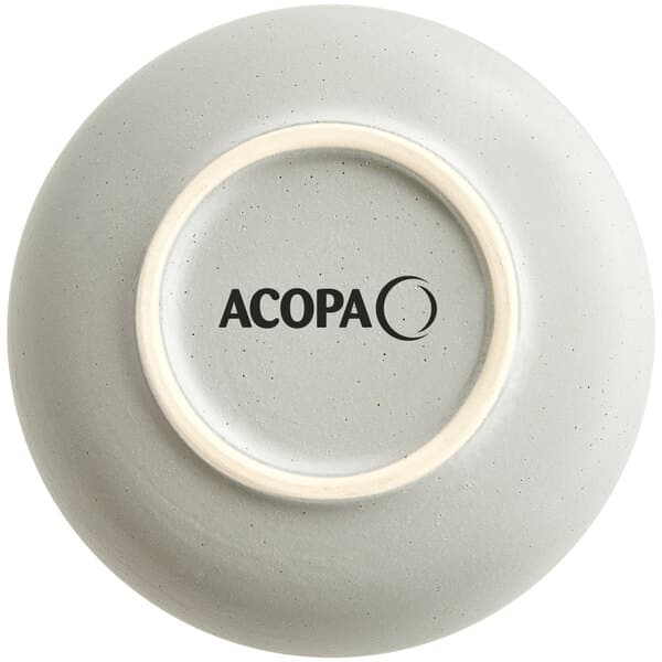 A grey matte stoneware bowl with the word Acopa in black text.