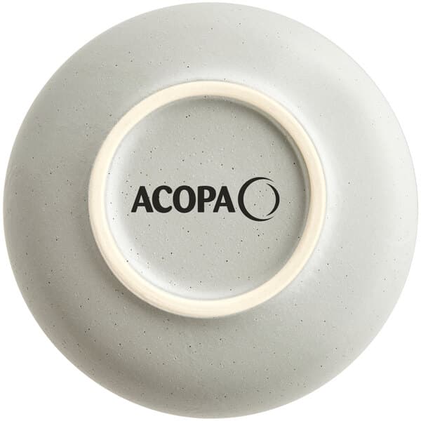 A grey stoneware bowl with a white rim and black text on the inside.