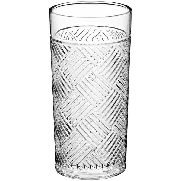A close-up of an Acopa Zion beverage glass with a pattern on it.