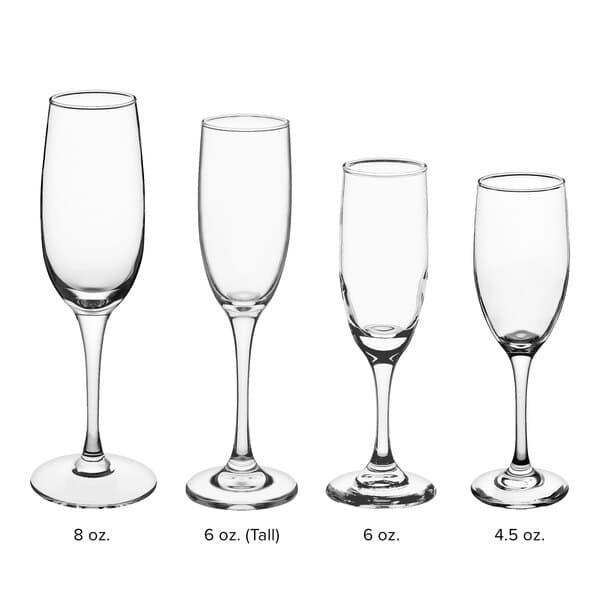 A row of clear Acopa flute glasses with stems.