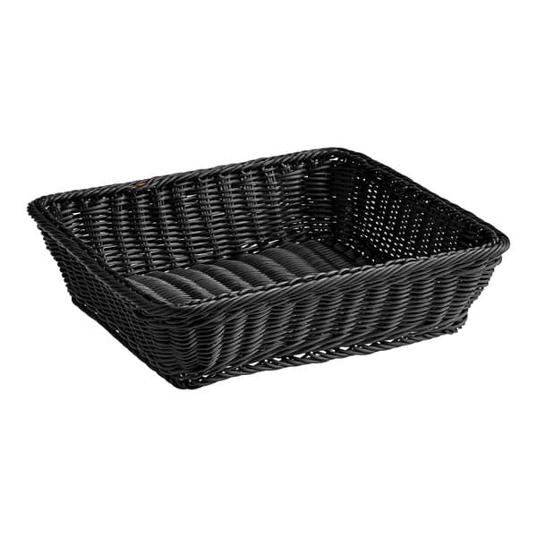 A black woven plastic rattan basket with a handle.