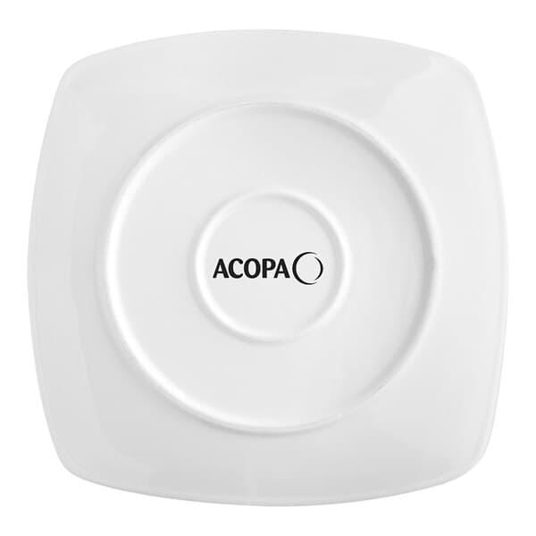 A white Acopa square porcelain coupe plate with black text.