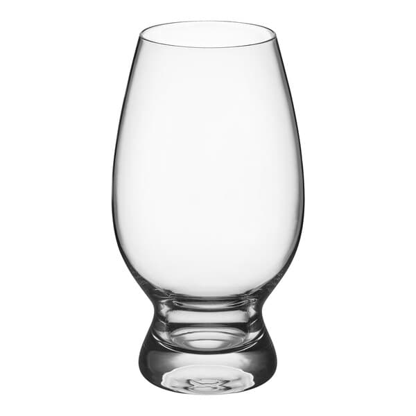 An Acopa Select wheat beer glass with a short stem and a black rim on a white background.