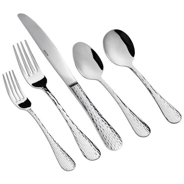 An Acopa Inspira stainless steel flatware set with a fork, spoon, and knife.