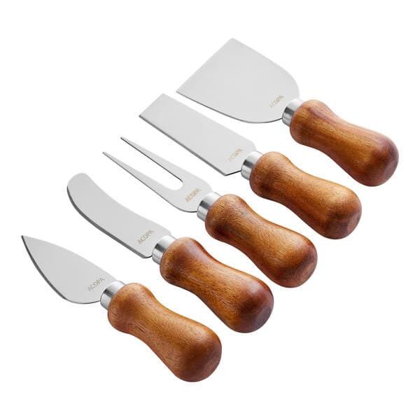A group of Acopa stainless steel cheese knives with dark wood handles.