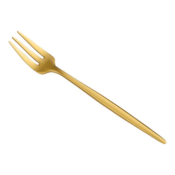 An Acopa Odin gold stainless steel oyster fork on a white background.