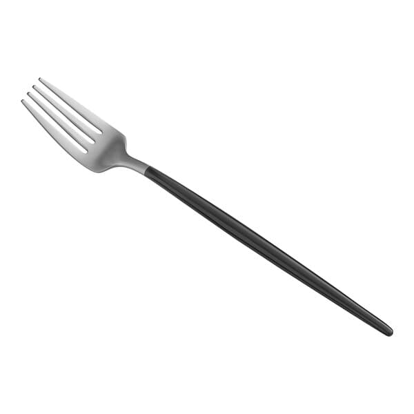 A close-up of an Acopa Odin stainless steel salad/dessert fork with a black handle.