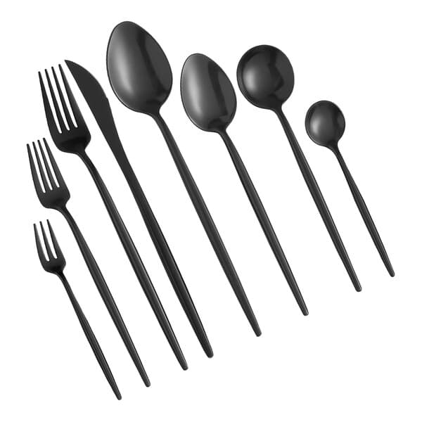 A close-up of a black Acopa Odin extra heavy weight stainless steel fork.