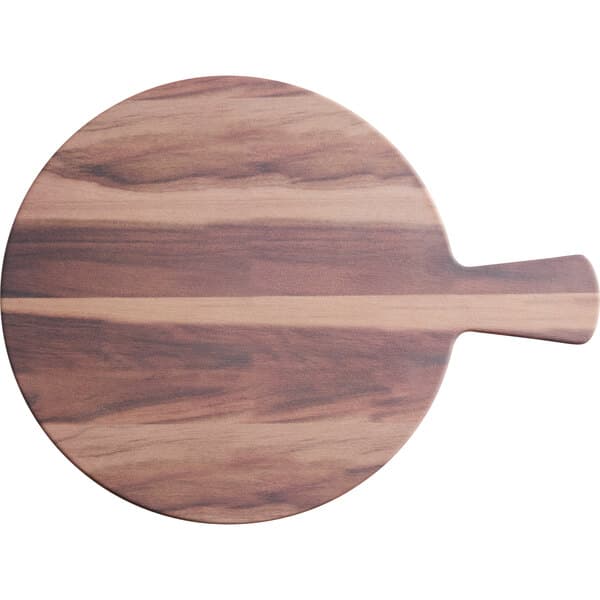 An Acopa walnut faux wood melamine serving board with a handle.
