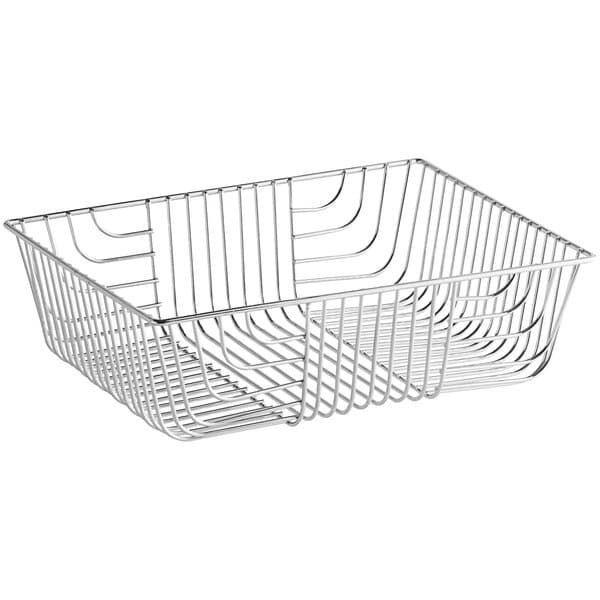 A silver wire basket with a square shape.
