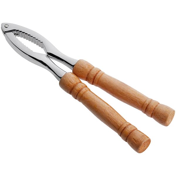 An Acopa stainless steel lobster cracker with wood handles.