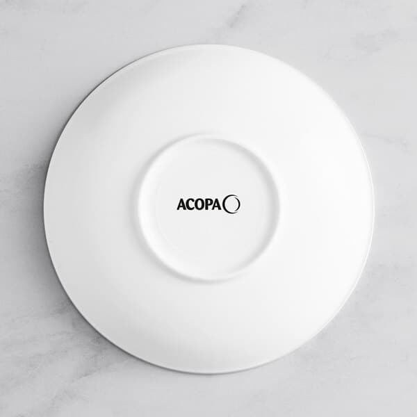 A white Acopa coupe bowl with black embossed text.