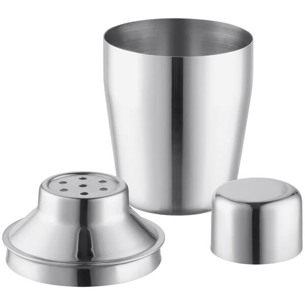 An Acopa stainless steel cobbler cocktail shaker set on a counter.