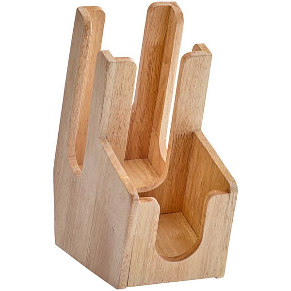 A wood Acopa cup and lid organizer with two sections and handles.