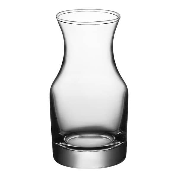 An Acopa clear glass carafe with a short neck.