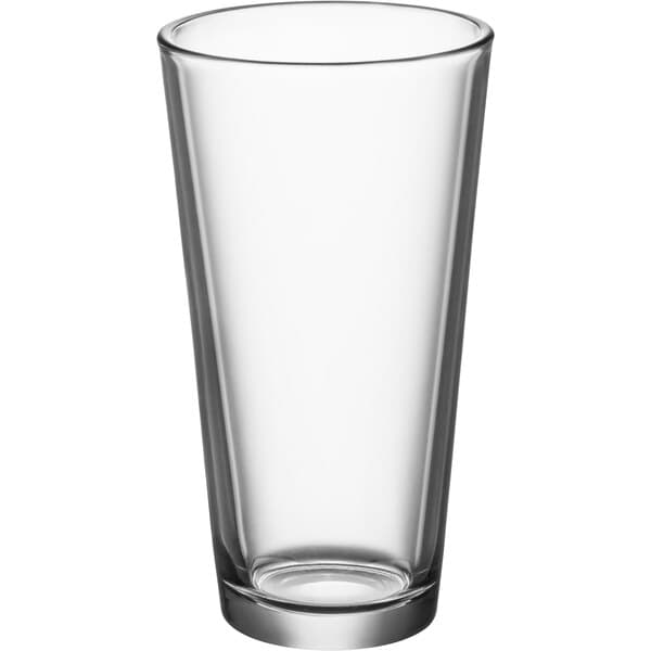 An Acopa Select rim tempered mixing glass with a clear bottom.