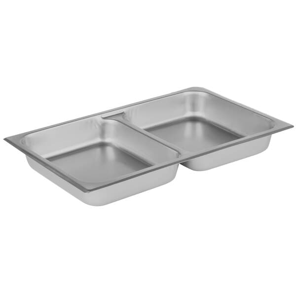 A silver Acopa chafer food pan with two compartments.