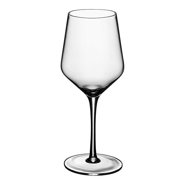 An Acopa Silhouette wine glass with a stem filled with wine on a white background.