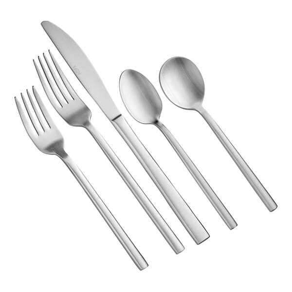 A close-up of an Acopa Phoenix stainless steel fork and spoon.