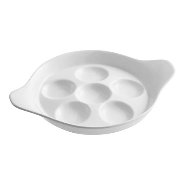 An Acopa bright white porcelain plate with six holes in it.