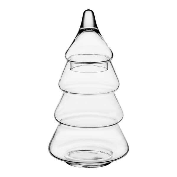 A clear glass tree shaped container with three tiers.
