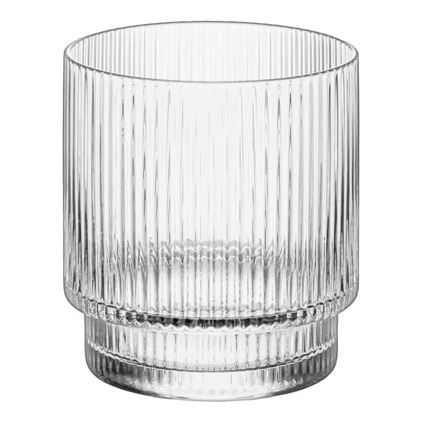 A clear glass ribbed tealight/votive holder with a straight edge.