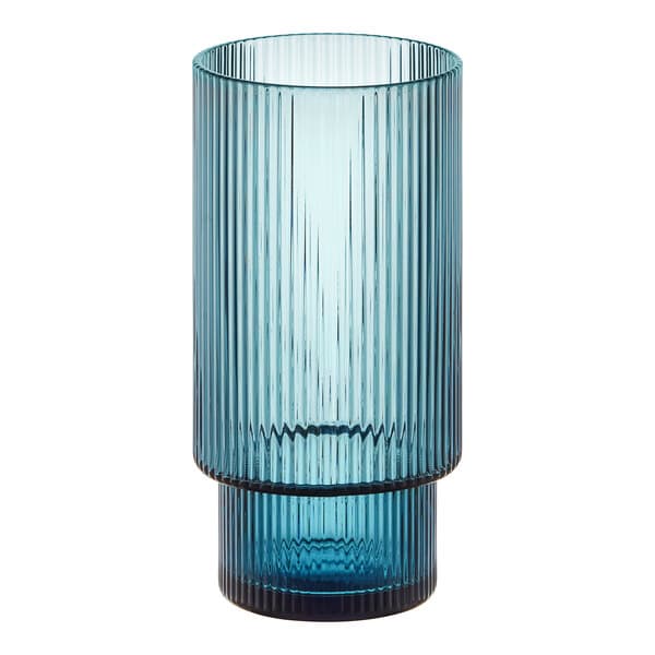 A close-up of an Acopa Lore blue highball glass.