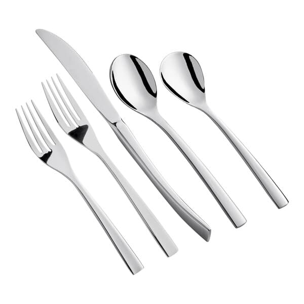 A close-up of an Acopa Lore stainless steel silverware set with a fork, spoon, and knife.