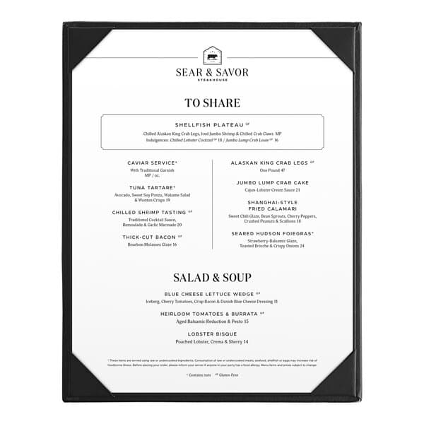 A white menu with black trim and two clear vinyl panels displaying a white menu.