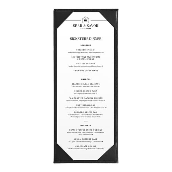 A black vinyl menu board with white borders displaying a restaurant menu.