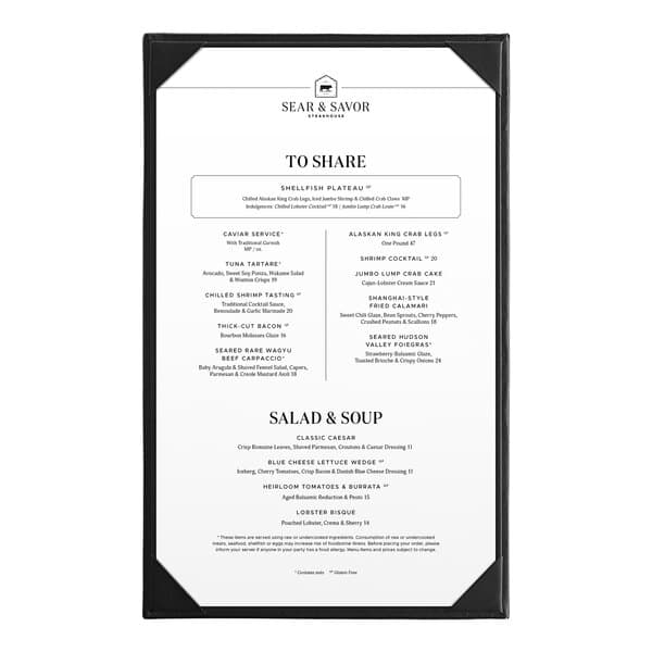A black Acopa Prime vinyl menu board with a white menu inside.