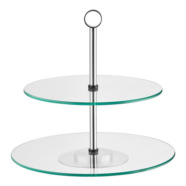 An Acopa two tiered glass and metal display stand.