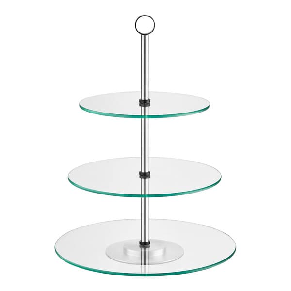 A three tiered glass display stand with metal base.