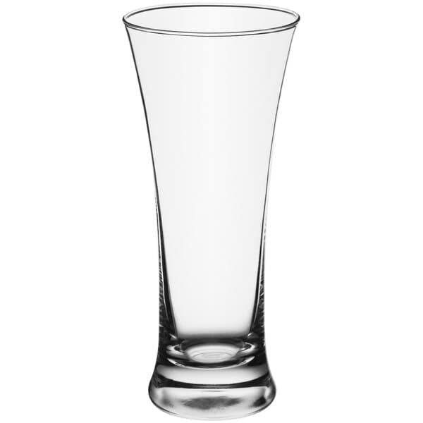 An Acopa flared pilsner glass with a clear bottom and rim on a white background.