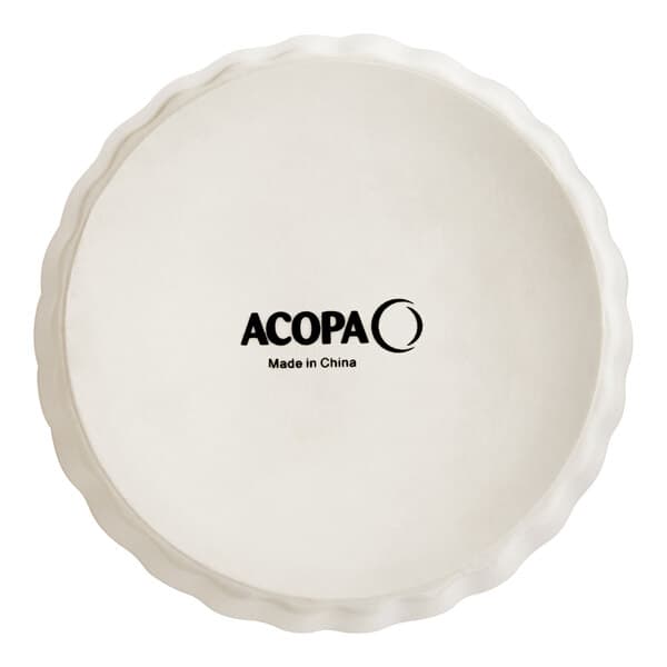 An ivory Acopa fluted porcelain dish with a logo.