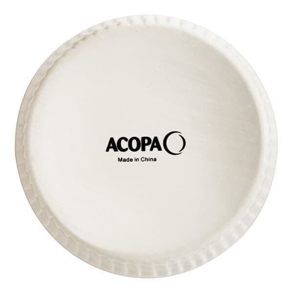 An Acopa ivory porcelain souffle dish with fluted edges and the word "Acopa" in black.