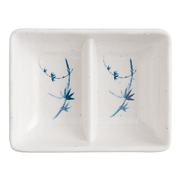 A white rectangular Acopa melamine dish with blue rectangular compartments and blue bamboodesigns.