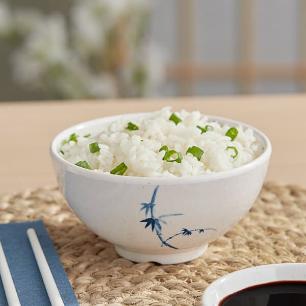 A white Acopa Biru melamine bowl filled with rice and green onions.