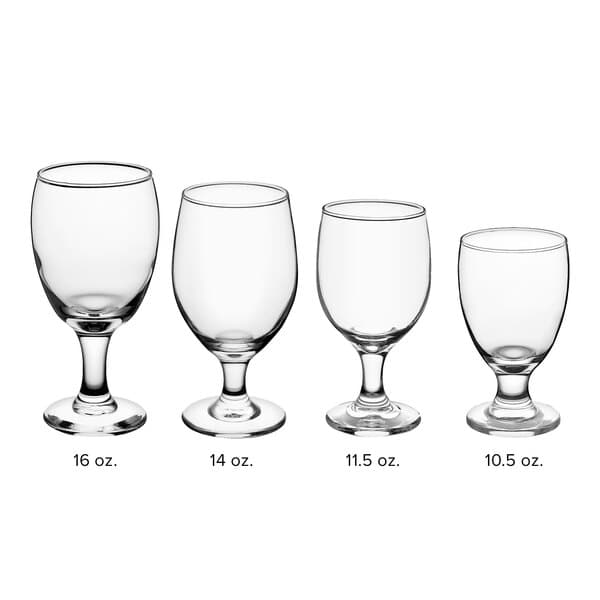 A row of clear Acopa wine glasses with stems.