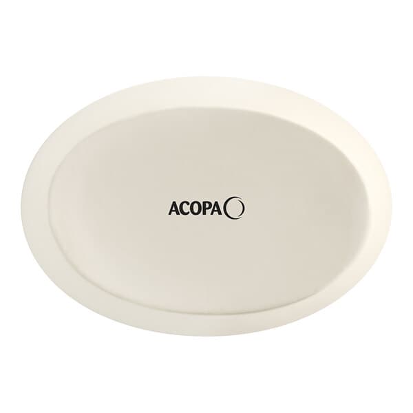 An ivory oval Acopa stoneware dish with black text.