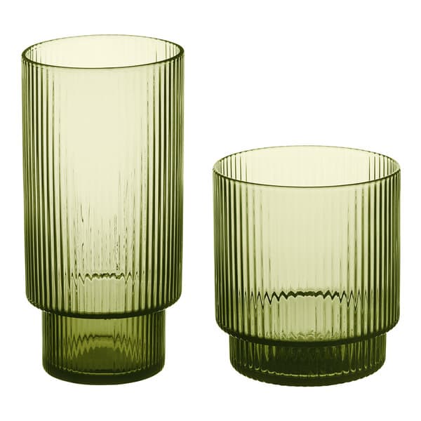 Two green Acopa Lore rocks glasses with a green rim.