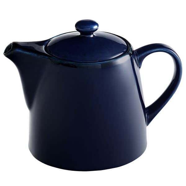 An Acopa Azora Blue porcelain teapot with a lid and handle.