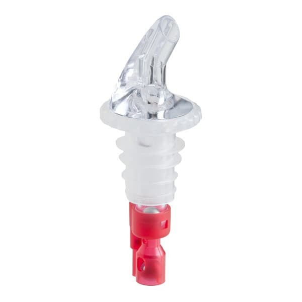 A clear and red 1 oz. measured liquor pourer with a three-ball mechanism.