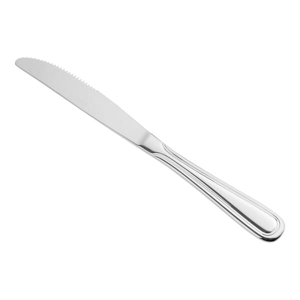 An Acopa stainless steel table knife with a white handle on a white background.