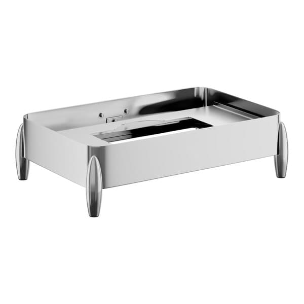 A stainless steel chafer stand with four legs and two fuel holders.