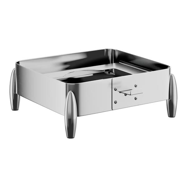 A stainless steel square chafer stand with a fuel holder and four rounded legs.