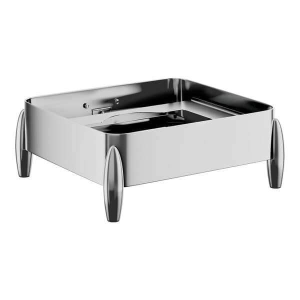 A stainless steel square chafer stand with four rounded legs and a built-in fuel holder.